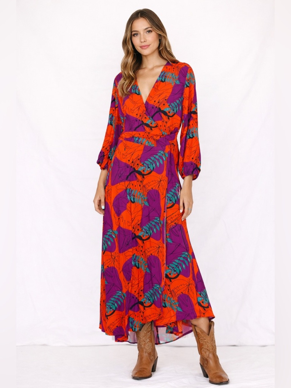 Tahari Orange & Purple Floral Wrap Maxi Dress